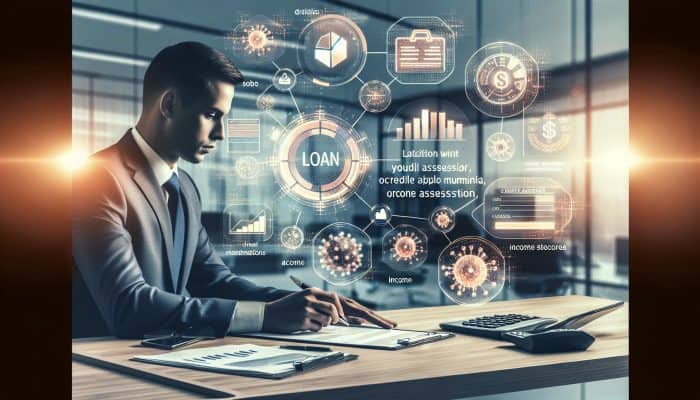 A lender reviews loan applications in a modern office, surrounded by documents, credit graphs, and risk tools under soft lighting.