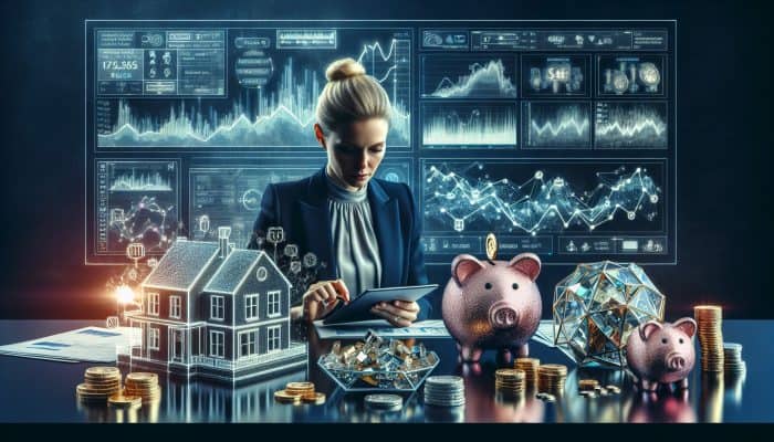 A diligent UK lender reviews financial documents in a modern office, surrounded by house models, piggy banks, jewelry, and market graphs.