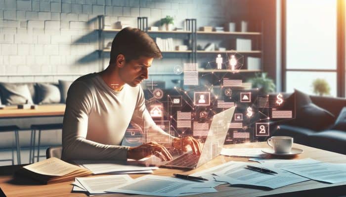 A determined person in a modern UK home office, surrounded by financial and divorce documents, reviews debt consolidation on a laptop.