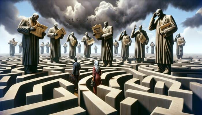 A stressed borrower navigates a chaotic labyrinth of towering creditor figures holding contracts under a stormy sky, seeking debt relief.