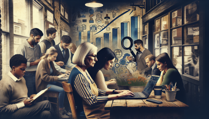 A dedicated business owner in a Cirencester shop diligently typing a blog on a laptop, while locals engage with the content, accompanied by rising SEO graphs and regional maps illustrating growth.