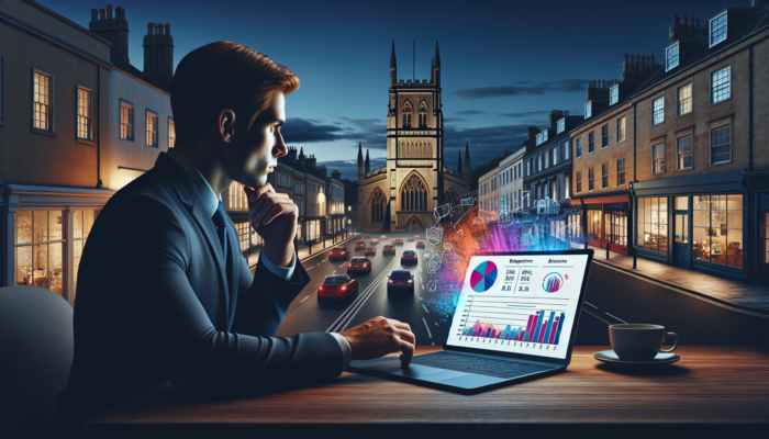 In a modern office in Cirencester, a focused business owner reviews Google Analytics graphs on a laptop, assessing blogging metrics.
