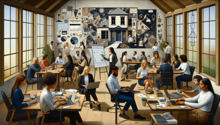 A busy entrepreneur in a Cirencester office juggles a laptop with a blank blog post; a team brainstorms ideas at a whiteboard.