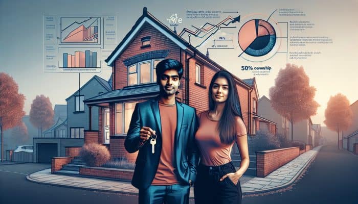 Debt Consolidation on Shared Ownership Homes: Key Tips | DCL Debt Consolidation on Shared Ownership Homes: Young couple outside modern red-brick house in England, holding keys and 50% ownership contract, with graphs showing rent and equity growth.
