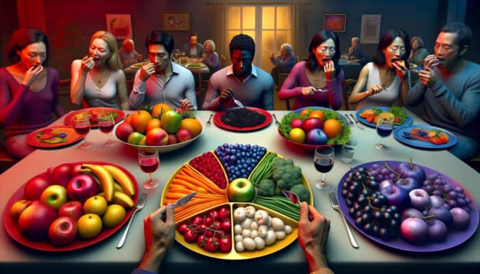 A vibrant kitchen still life showcasing red fruits on a plate that evoke hunger, blue vegetables that suppress appetite, and diverse diners reacting to the presentation.