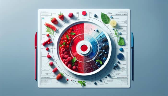 An elegant dish featuring red berries, blue sauces, and fresh greens on a white plate, showcasing the principles of colour psychology in a modern culinary setting.