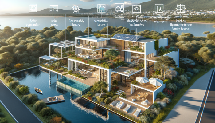 A modern sustainable home in Knysna, featuring solar panels, spacious family areas, lush forests, and lagoon views.