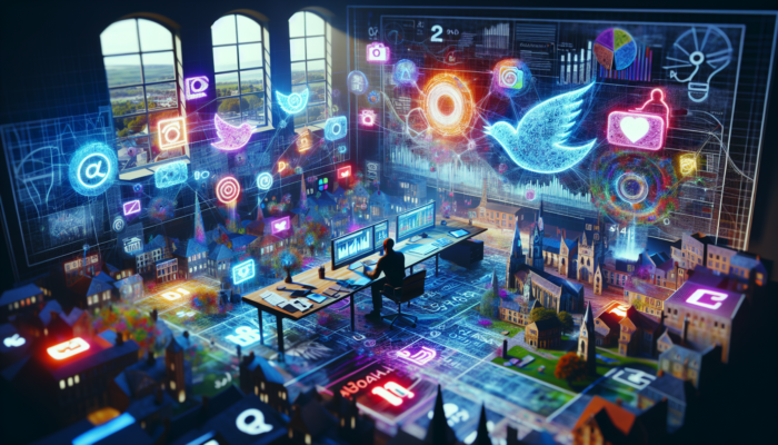 A detailed overview of social media management services in Shaftesbury, highlighting a marketer assessing social media metrics on multiple screens alongside local landmarks.