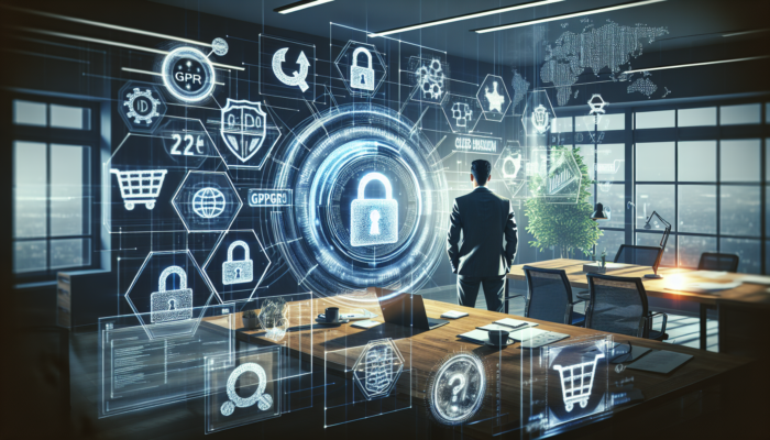 In a modern UK office, an entrepreneur reviews holographic GDPR locks and e-commerce icons, surrounded by shields and shopping carts symbolising trust.