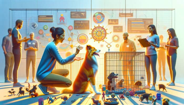 A behaviourist assesses a playful border collie with toys and obstacles in a sunny adoption centre, while volunteers observe.