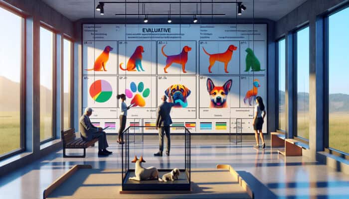 In a bright animal shelter, an evaluator reviews a dog's behavioural charts while a family interacts with it.