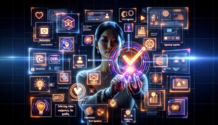 Content creator in a modern digital studio, surrounded by screens of video thumbnails, holding a glowing checklist for strategic video selection.