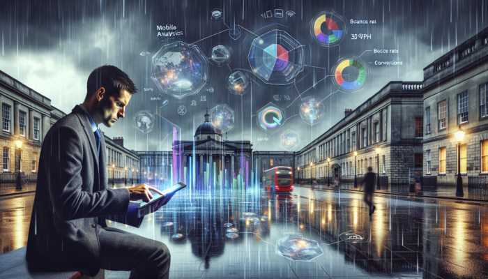 In Exeter's historic streets, an analyst reviews mobile website metrics on a tablet with holographic graphs, Google icons, and rainy skyline.