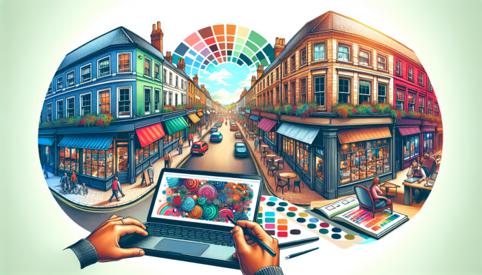 Busy Gloucestershire high street with a small shopfront; entrepreneur optimises website on laptop, featuring SEO elements like title tags and images.