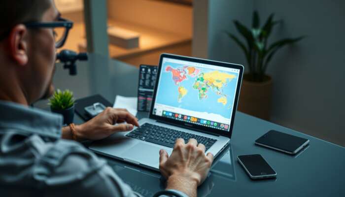 A traveller at a modern desk organises vacation logistics on a laptop, displaying flight bookings, hotel reservations, and a colourful itinerary map.