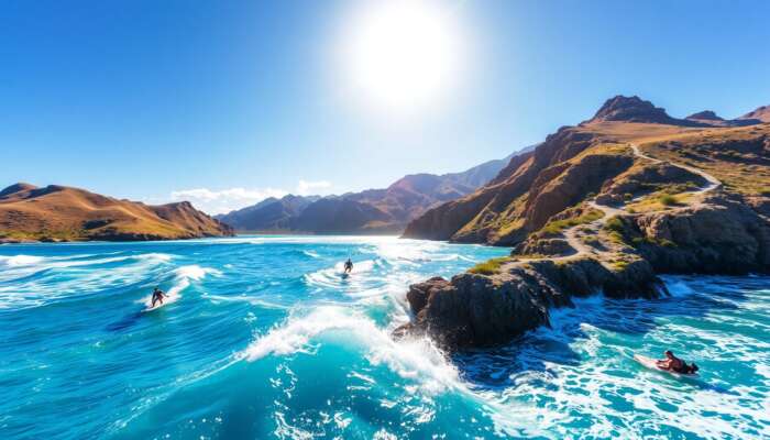 Surfers riding azure waves under a sunny sky, with hikers on rugged mountains, showing terrain's impact on travel experiences.