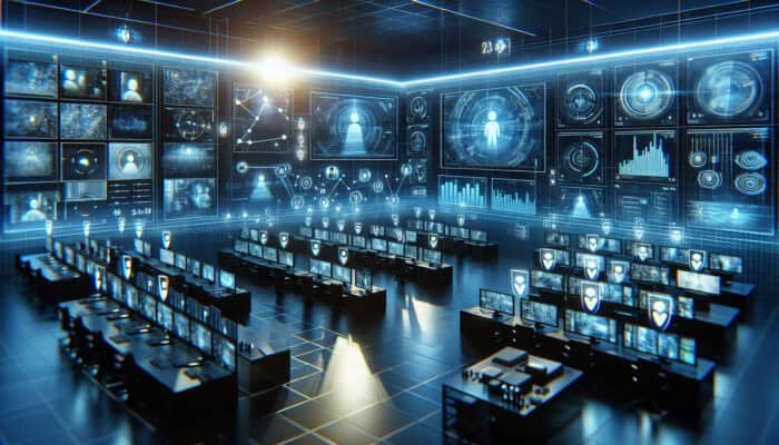 High-tech surveillance room with screens showing real-time AI detection of faces and objects via glowing data streams in a dimly lit blue environment.