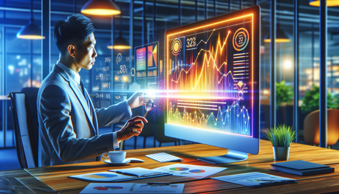 A small business owner in a Kingswood office analyses colourful Google Analytics graphs showing SEO traffic, rankings, and conversions.
