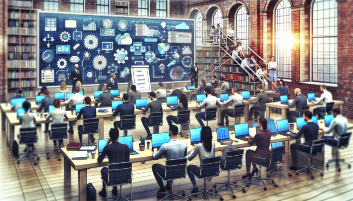 A group of focused web developers in Devizes collaborate in a cluttered office with laptops, code screens, and training books.