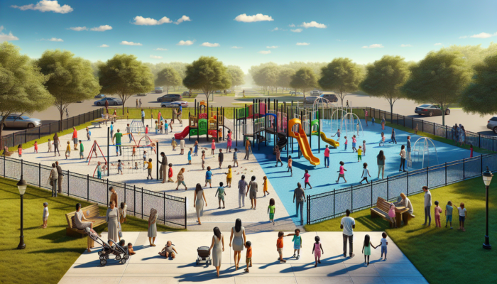 Children playing safely on colorful fenced playground equipment in a serene Lephalale park, with parents and volunteers chatting nearby under a blue sky.