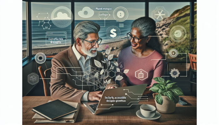 A small business owner and local developer in a cozy seaside office view a laptop displaying secure web designs and growth charts.