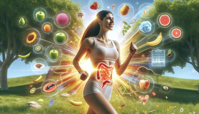 A vibrant woman with a flat stomach jogging energetically in a sunny park, surrounded by fresh fruits and greens.