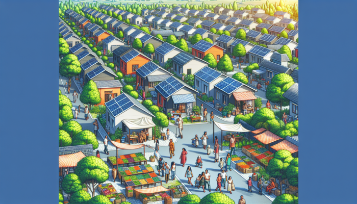 Vibrant suburban neighborhood: families touring affordable homes with solar panels, fresh markets, and residents chatting on tree-lined streets.