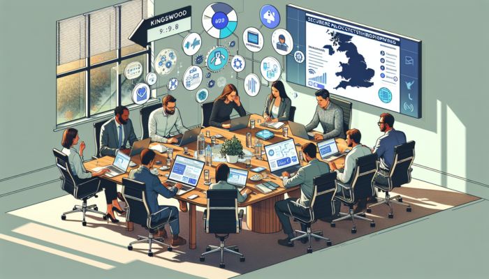 In a modern Kingswood office, web experts discuss website planning with business owners, featuring laptops, digital sketches, payment icons, and Gloucestershire maps.