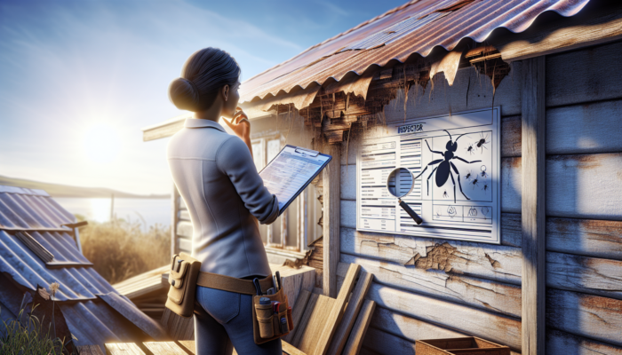 Inspector examines rusted metal roof and termite-damaged beams on a weathered home in Lephalale, using tools and checklist under blue sky.