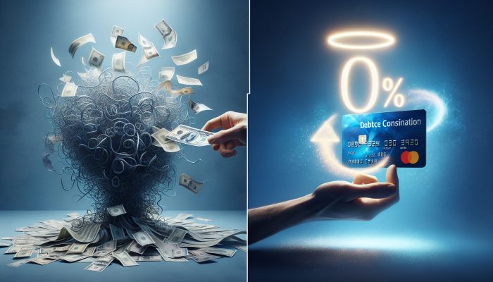 Vivid illustration: Left, tangled debts merging into streamlined cash flow; right, credit cards under zero-interest halo on graph background.
