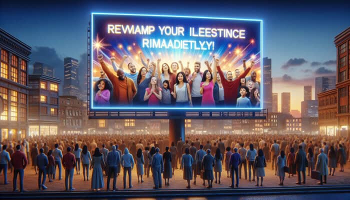 Urban dusk scene: a luminous billboard proclaims "Transform Your Life Now!" with images of diverse individuals thriving, as an engaged crowd watches below.
