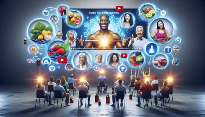A vibrant advertisement for health supplements showcases diverse individuals on screens sharing video testimonials, surrounded by glowing reviews and social media icons.