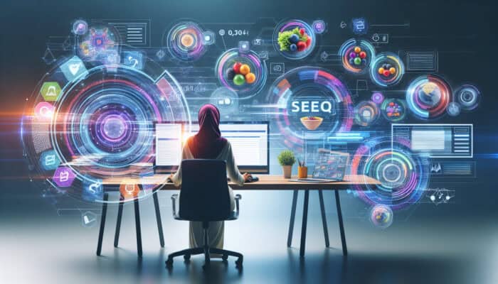 A focused analyst at a modern desk, surrounded by floating holographic keywords, analysing SEO graphs on multiple screens.