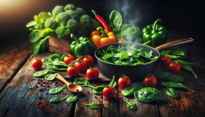 A vibrant still life of fresh leafy greens, ripe cherry tomatoes, and colorful bell peppers on a rustic wooden table with steaming sautéed spinach.