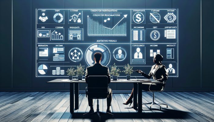A focused individual at a desk reviews financial documents and charts with a UK debt charity advisor guiding towards recovery.