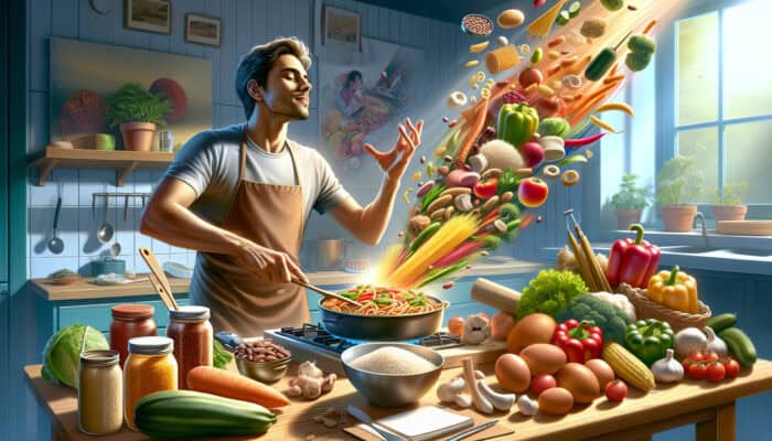 Top 5-Ingredient Recipes for Beginners: A novice cook in a vibrant kitchen arranges fresh rice, pasta, beans, and vegetables while stirring a colourful stir-fry.