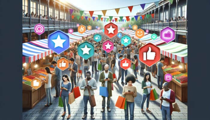 Satisfied customers in a vibrant marketplace type reviews on smartphones, surrounded by stars, thumbs-up, and discount voucher icons.