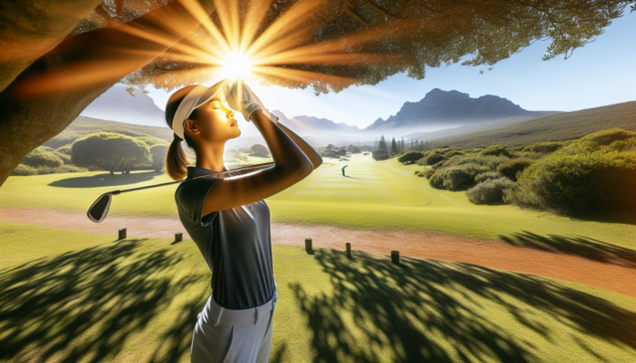 A determined golfer in South Africa shields eyes under a shaded tree, practicing mindfulness for a precise swing on a sunny course.