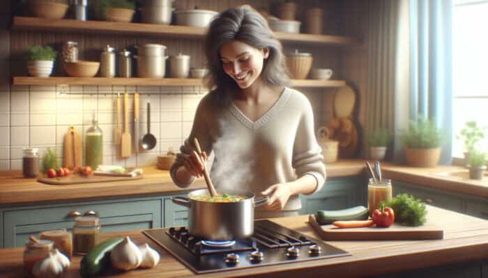 Smiling beginner cook sautés fresh vegetables in a pot on the stove, with steam rising, knife and cutting board nearby, evoking cozy warmth.