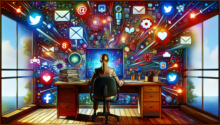 A business owner in a Northleach office strategizes at a desk, surrounded by screens showing social media icons, videos, and polls for growth.