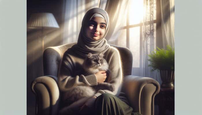 A young woman with a calm expression sits in a plush armchair, holding a grey cat in her lap, as sunlight filters through curtains.