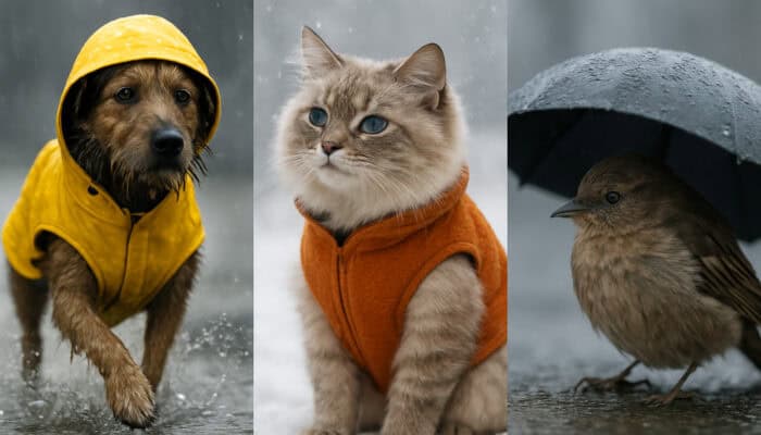 Pets in weather gear: Dog in yellow raincoat, cat in fleece vest, bird under canopy.