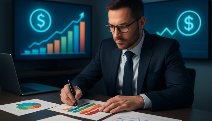 Financial advisor analyzing BNPL balance graphs for debt management plan.