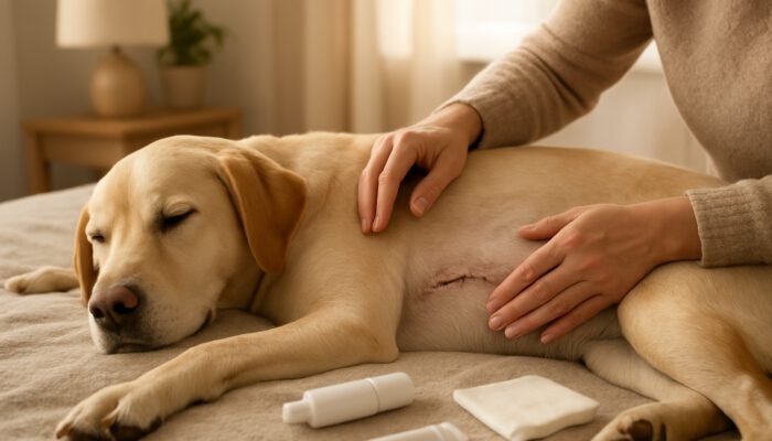 Dog resting on bed during post-spay recovery, owner checking incision with vet supplies.