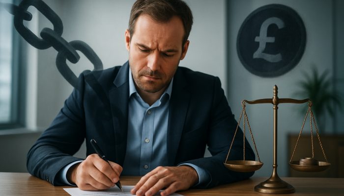 Cautious UK borrower signs loan agreement at desk, with shadowy chains, coins, and a scale balancing savings against hidden fees.