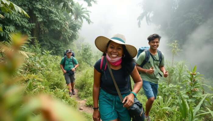 Adventurers trekking through misty Belize rainforests, interacting with smiling locals and exotic wildlife, fostering cultural exchange and discovery.
