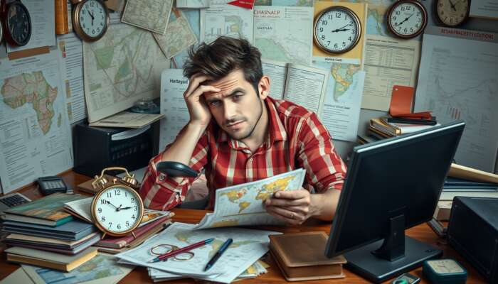 Stressed traveller at a cluttered desk with maps, schedules, and brochures, anxiously checking a smartphone as a ticking clock shows fatigue from planning challenges.