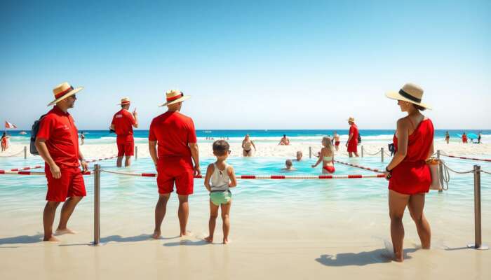 Beach scene with lifeguards in red uniforms observing swimmers in designated areas, families wearing hats and sunglasses under bright sunlight.