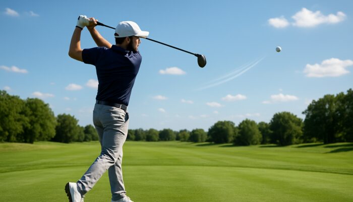 Professional golfer mid-swing, hitting a golf ball with backspin on a lush fairway under a sunny sky.