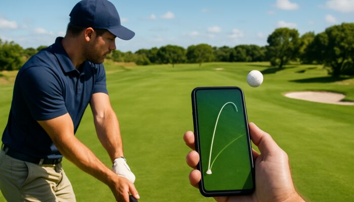 Golfer mid-swing on Port Elizabeth course, analysing the spin rate of the golf ball via smartphone overlay.